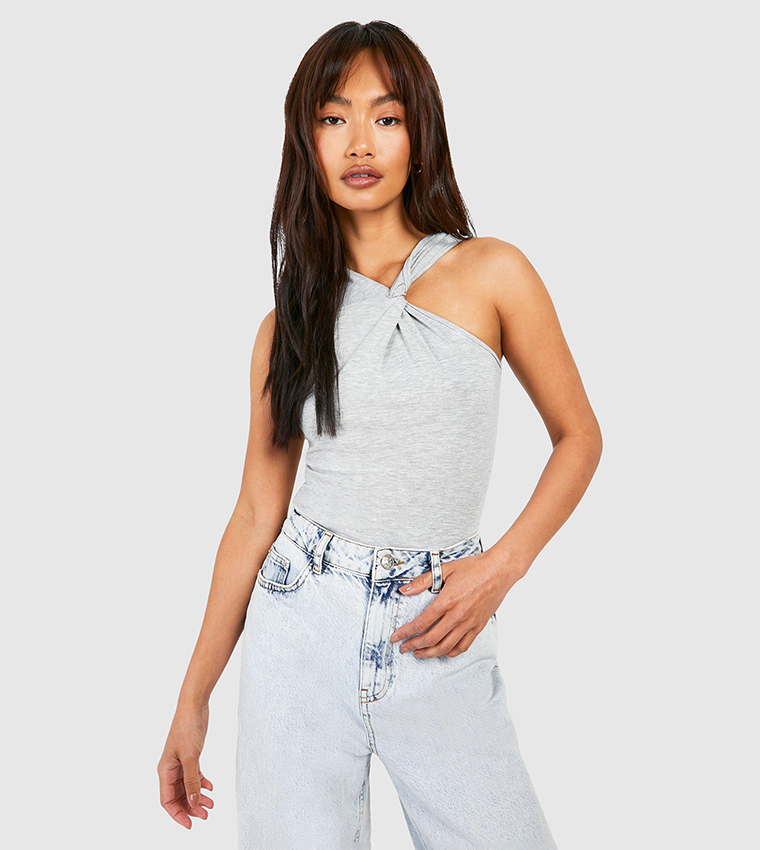 Twist Racer Neck Sleeveless Marl Bodysuit Top