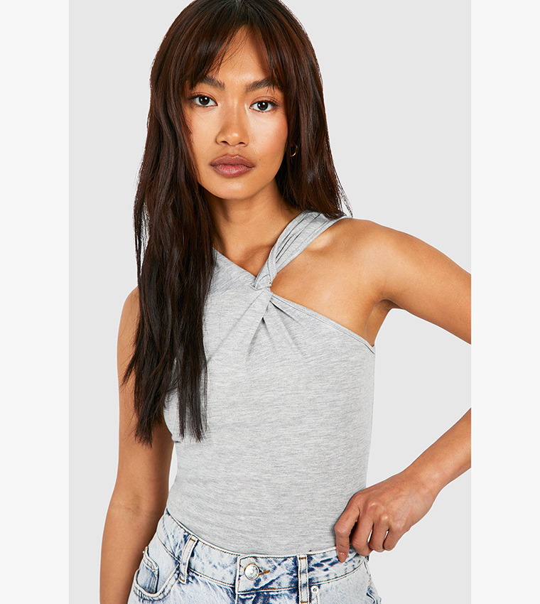 Twist Racer Neck Sleeveless Marl Bodysuit Top