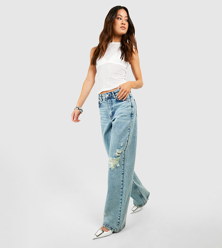 Buy Boohoo Outlet Tall Washed Ripped Wide Leg Jeans In Blue