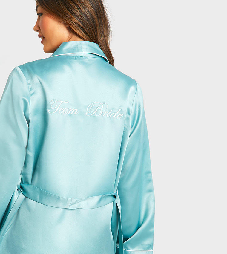 Buy Boohoo Team Bride Embroidered Satin Night Robe In Green