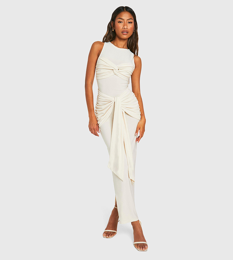 ruched twist detail racer neck maxi dress Buy Boohoo Ruched Twist Detail Racer Neck Maxi Dress In White