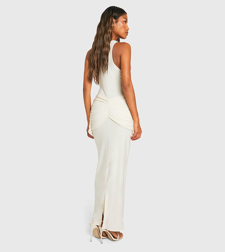 ruched twist detail racer neck maxi dress Buy Boohoo Ruched Twist Detail Racer Neck Maxi Dress In Beige