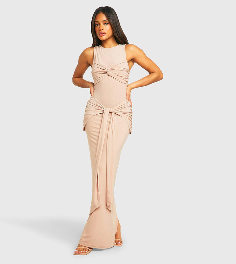 ruched twist detail racer neck maxi dress Buy Boohoo Ruched Twist Detail Racer Neck Maxi Dress In Beige