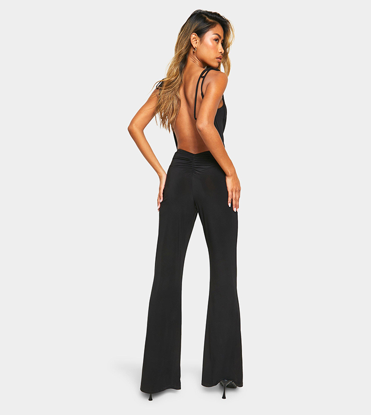 Buy Boohoo Slinky Open Back Ruched Bum Jumpsuit In Black