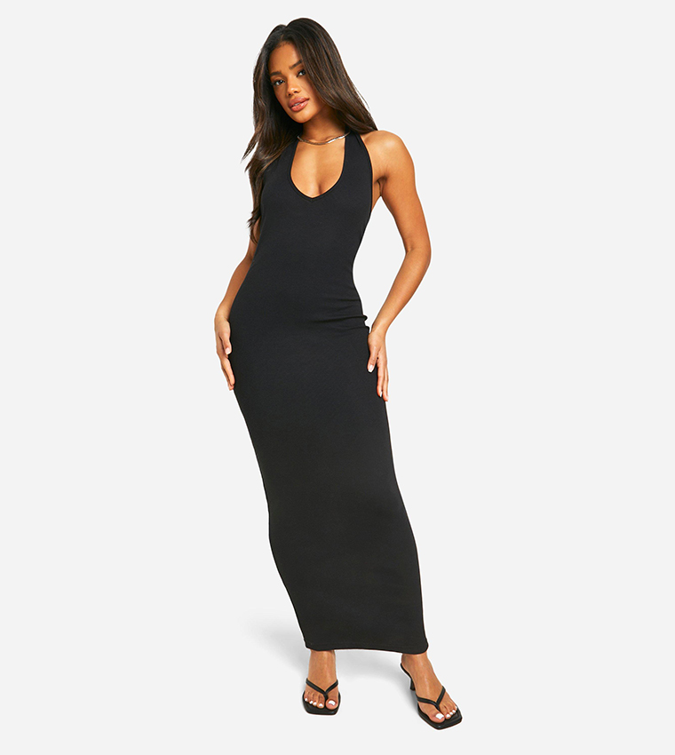Buy Boohoo Basic Ribbed Plunge Halter Maxi Dress In Black