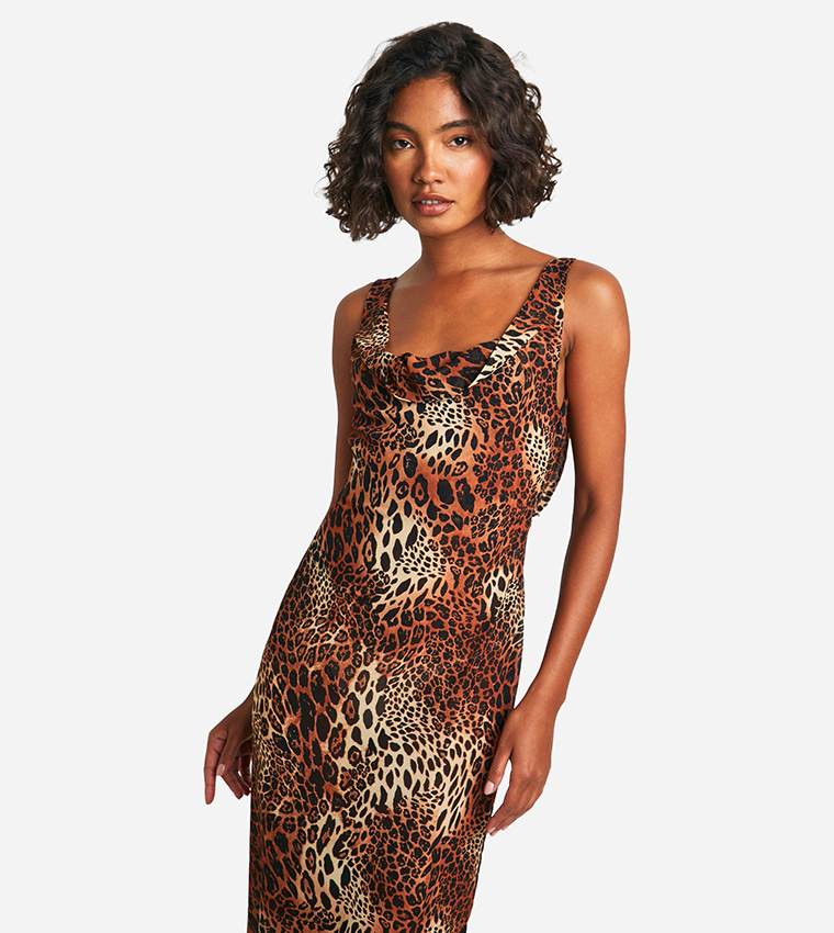 Buy Boohoo Tall Chiffon Leopard Printed Cowl Neck Dress In Brown 6thStreet Qatar