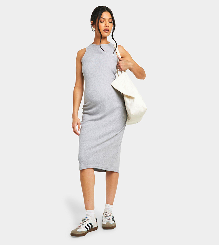 Ribbed Racer Neck Maternity Midi Dress
