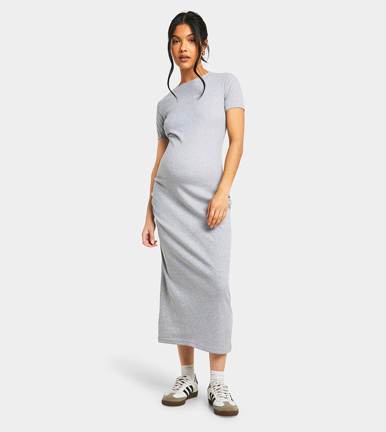 grey dress boohoo Grey Rib Tie Back Midaxi Dress