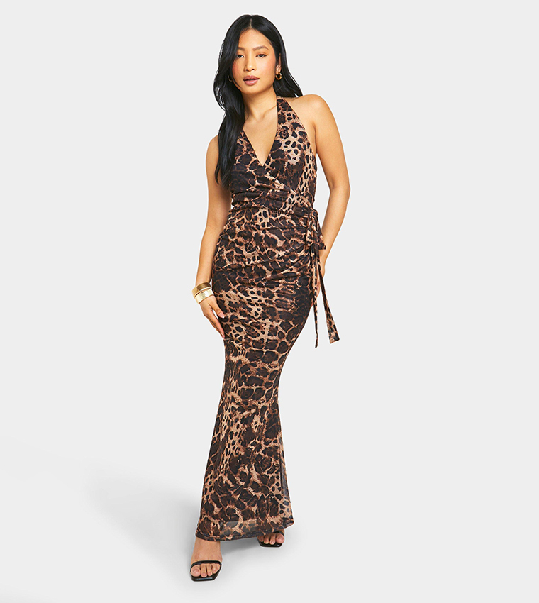 Buy Boohoo Petite Wrap Leopard Print Halter Neck Maxi Dress In Brown 6thStreet Bahrain