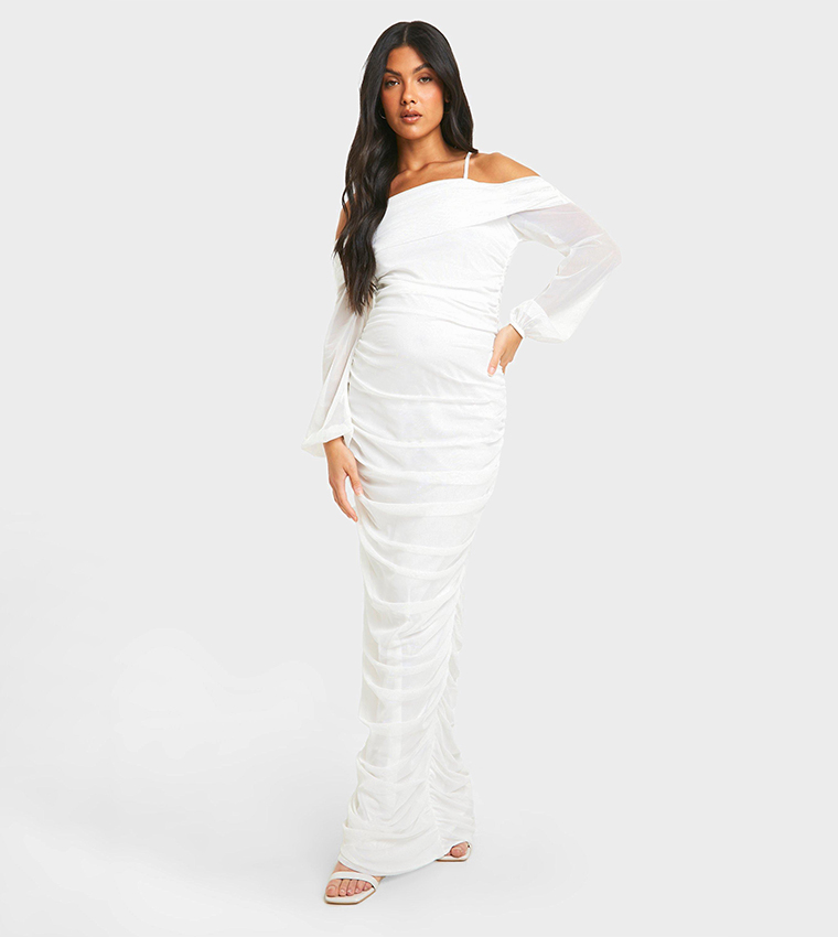 Buy Boohoo Maternity Cold Shoulder Mesh Bodycon Maxi Dress In White |  6thstreet Qatar
