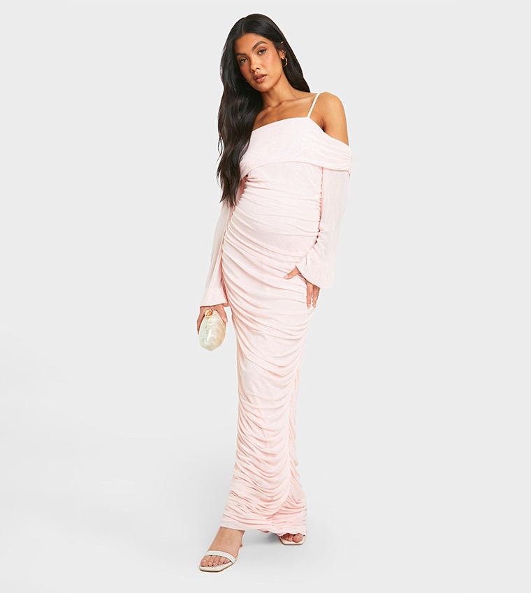 Buy Boohoo Maternity Cold Shoulder Mesh Bodycon Maxi Dress In Pink 6thStreet Bahrain