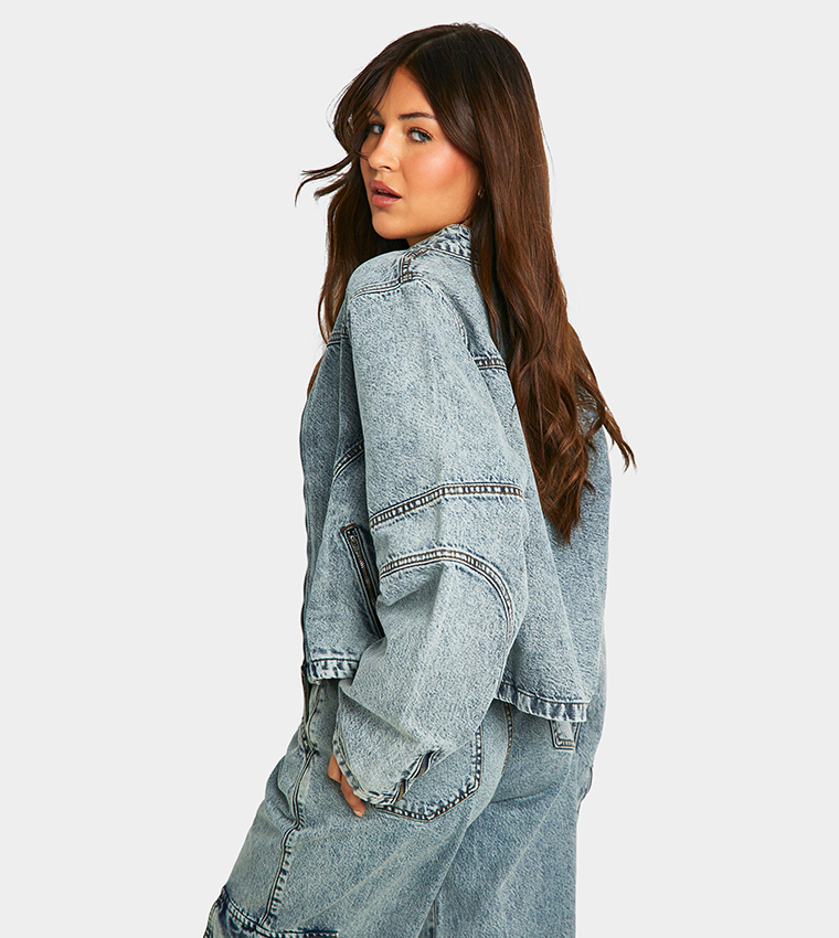 Light Acid Wash Moto Biker Denim Jacket