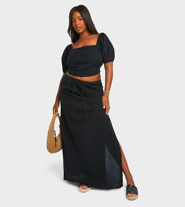 Buy Boohoo Curve Drawstring Waist Cotton Maxi Skirt In Black 6thStreet Oman