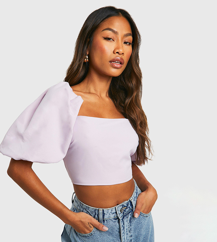 Buy Boohoo Puff Sleeves Square Neck Tie Back Crop Top In Purple 6thStreet Qatar