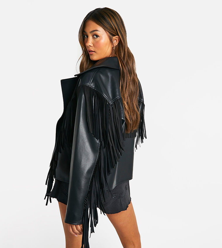 جاكيت بايكر جلد صناعي  بشراشيب