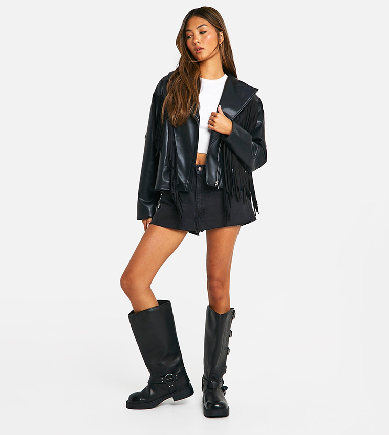 جاكيت بايكر جلد صناعي  بشراشيب