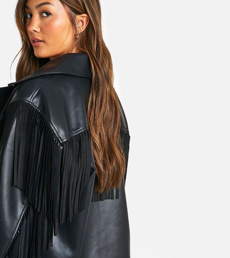 جاكيت بايكر جلد صناعي  بشراشيب