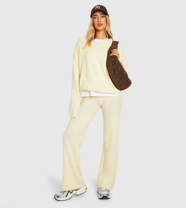 Buy Boohoo Soft Knit V Neck Top And Wide Leg Knitted Set In Yellow