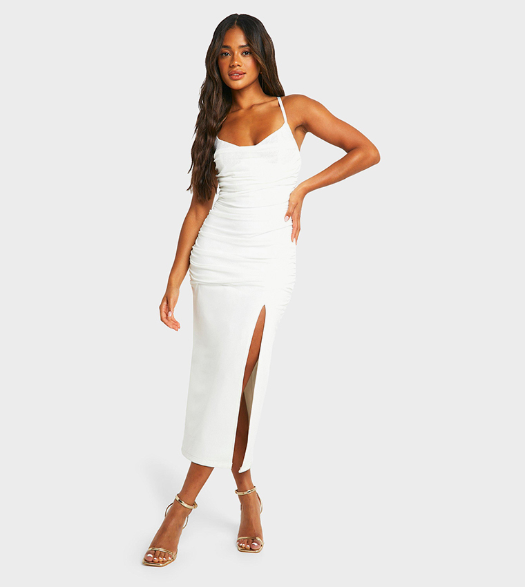 boohoo white ruched dress White Lace Strappy Ruched Midi Dress
