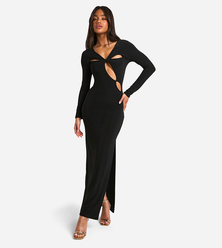 Buy Boohoo Cut Out Twist Detail Slinky Long Sleeves Maxi Dress In Black |  6thStreet Saudi Arabia