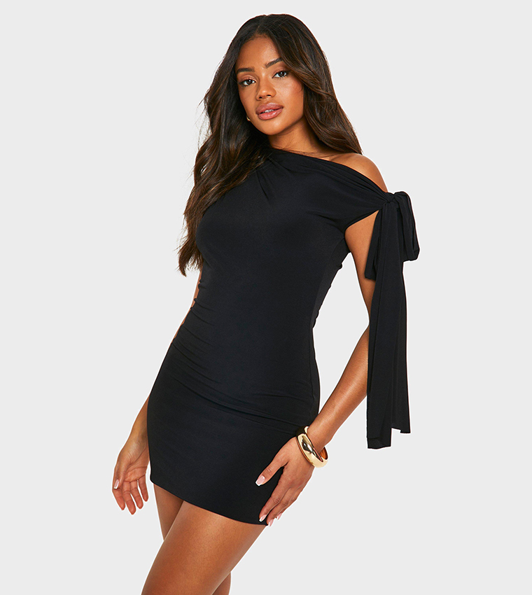 Solid Ruched Slinky Mini Dress