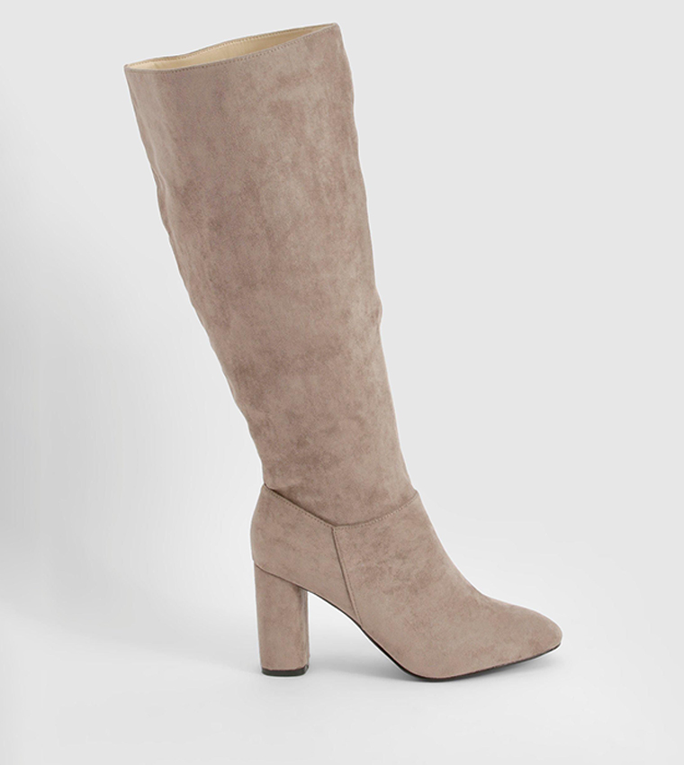 Wide Fit Faux Suede Block Heel Knee High Boots