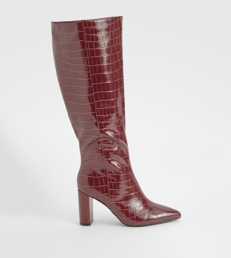 Wide Fit Croc Textured Knee High Heeled Boots