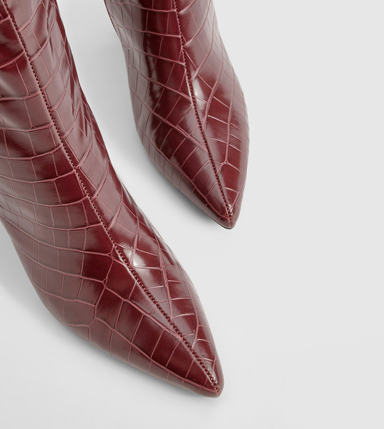 Wide Fit Croc Textured Knee High Heeled Boots