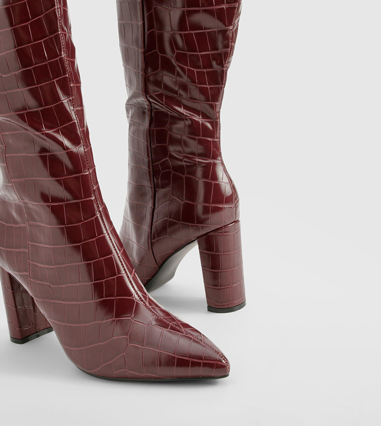 Wide Fit Croc Textured Knee High Heeled Boots