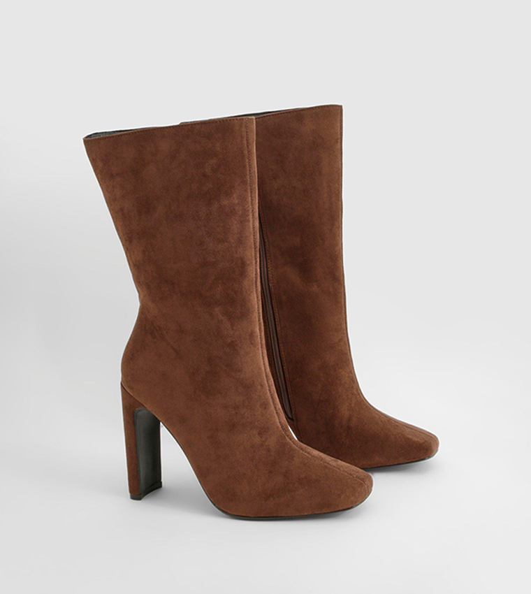 Buy Boohoo Wide Fit Square Toe Heeled Boots In Brown 6thStreet UAE