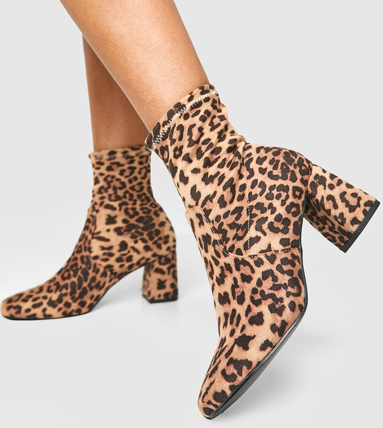 Buy Boohoo Wide Fit Leopard Print Square Toe Block Heel Boots In Leopard 6thStreet Kuwait