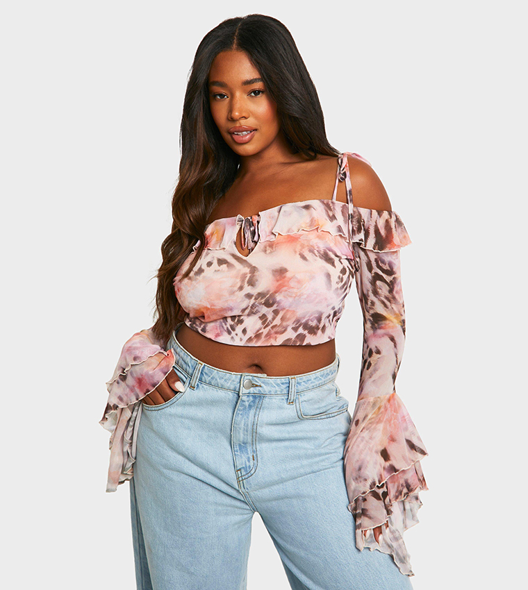 Buy Boohoo Leopard Print Mesh Ruffle Crop Top In Multiple Colors