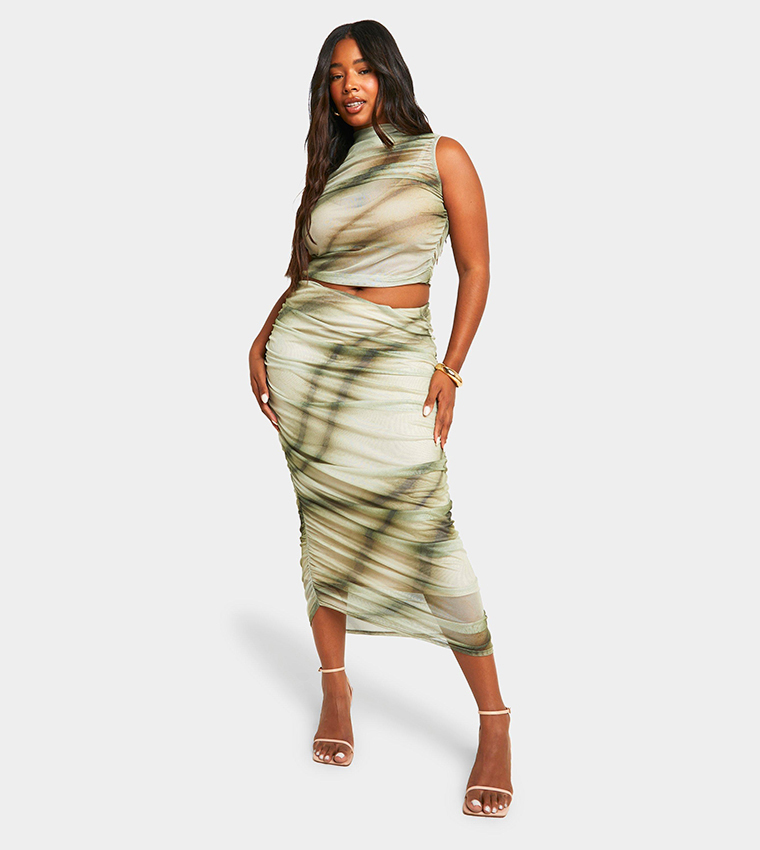 Patterned Ruched Midi Skirt