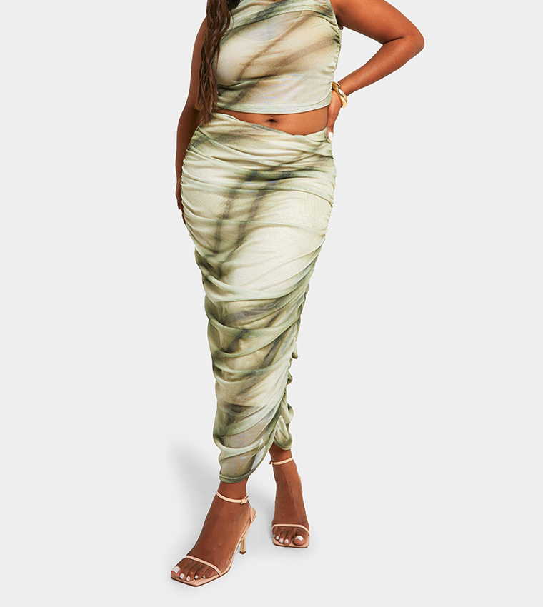 Patterned Ruched Midi Skirt