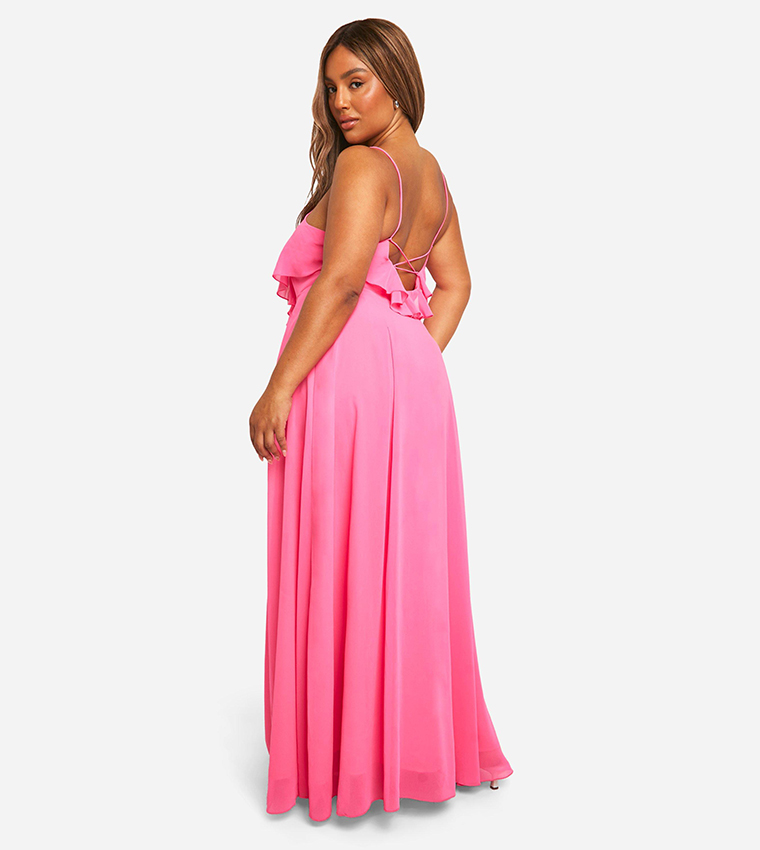 Buy Boohoo Plus Lace Up Ruffle Front Maxi Dress In Pink | 6thStreet ...