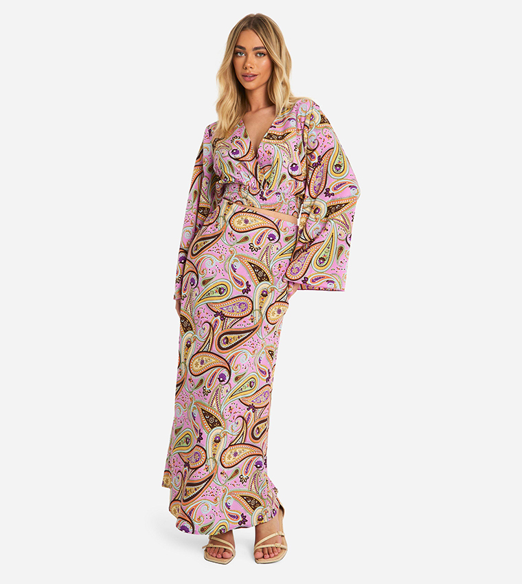 Buy Boohoo Paisley Print Flared Sleeves Crop Maxi Skirt Set In
