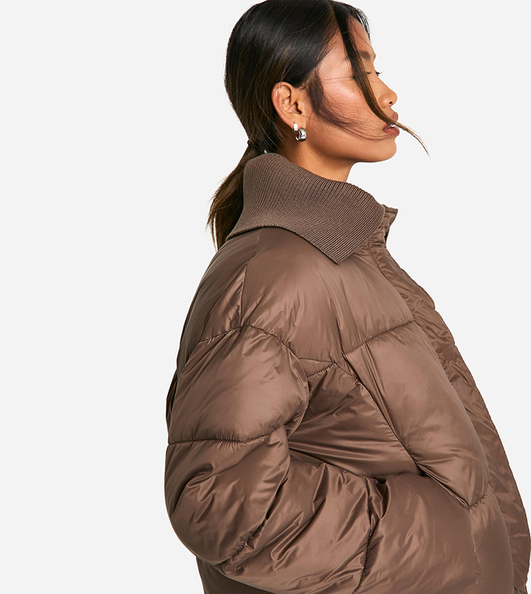 Rib Collar Detail Puffer Jacket