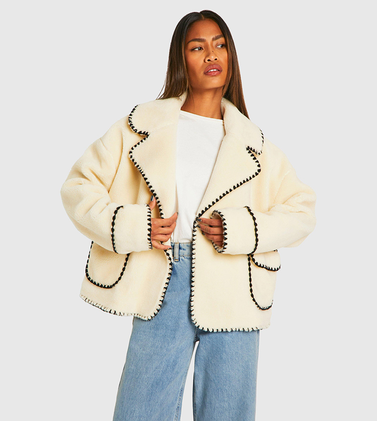 Buy Boohoo Blanket Stitch Sherpa Jacket In White 6thStreet UAE