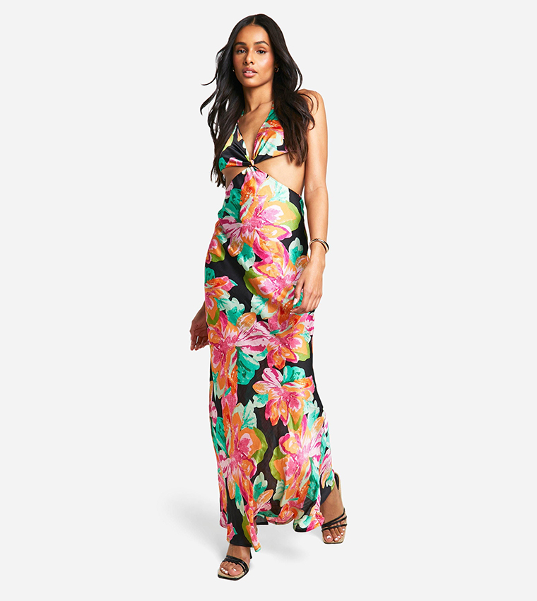 Buy Boohoo Tall Chiffon Floral Print Cut Out Maxi Dress In Black