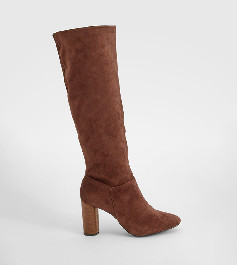 Wooden Heel Brown Suede Knee High Boots With Heel Buy Boohoo Block