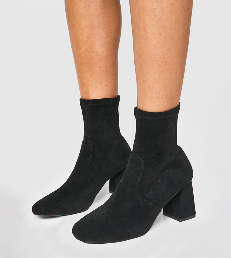 Wide Fit Faux Suede Square Toe Block Heeled Boots