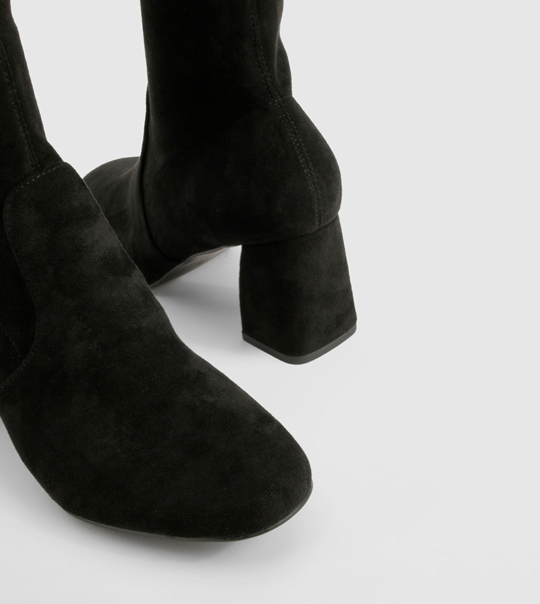 Wide Fit Faux Suede Square Toe Block Heeled Boots
