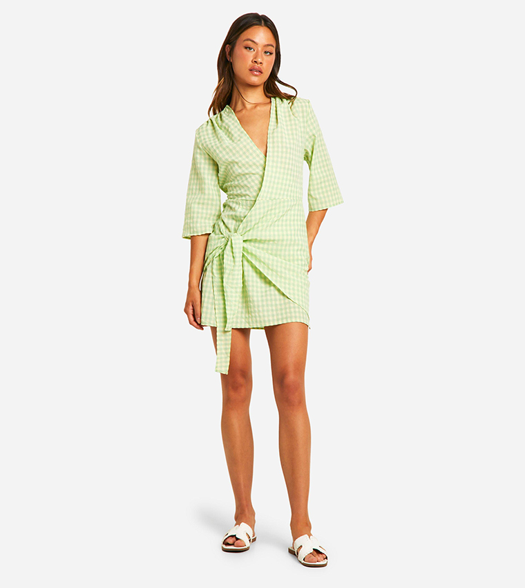 green gingham wrap dress Green Gingham Cindy Mini Dress