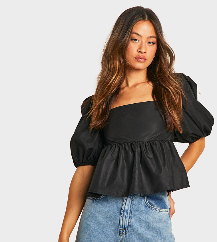 Buy Boohoo Tall Volume Sleeves Strappy Back Top In Black | 6thStreet Qatar