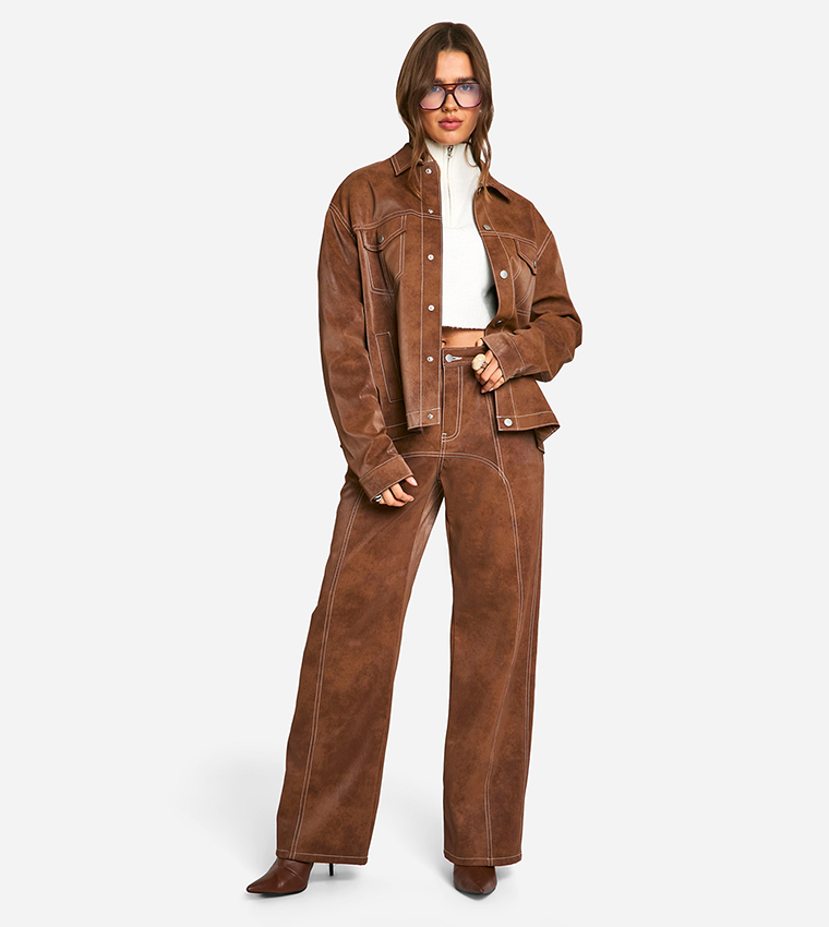 Contrast Trim Vintage Look Faux Leather Trousers