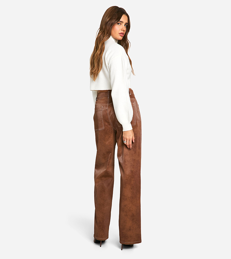 Contrast Trim Vintage Look Faux Leather Trousers