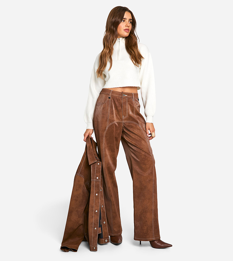 Contrast Trim Vintage Look Faux Leather Trousers