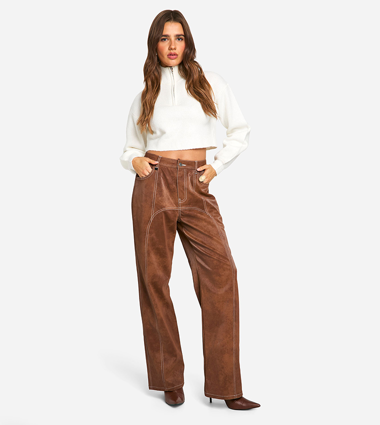 Contrast Trim Vintage Look Faux Leather Trousers