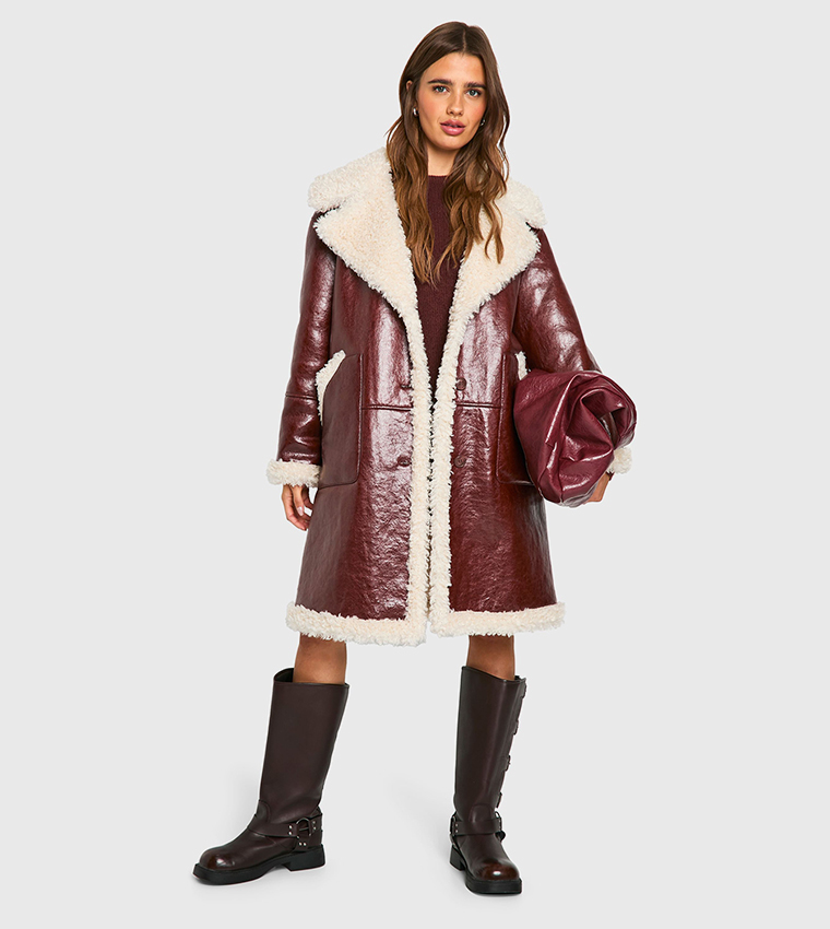 Buy Boohoo Faux Leather Teddy Trim Longline Coat In Red
