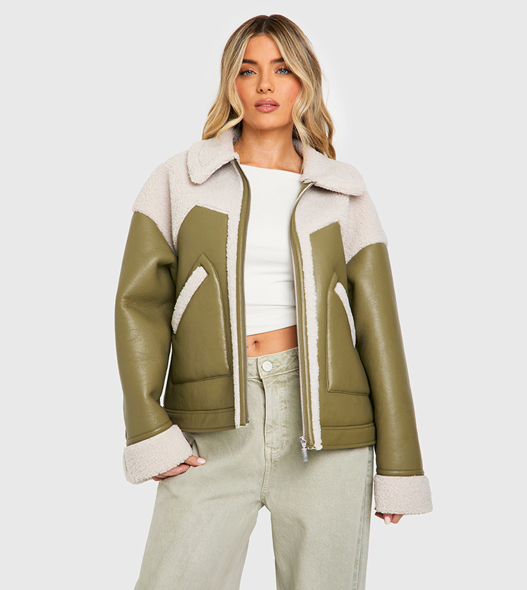 Buy Boohoo Faux Leather Teddy Trim Aviator Jacket In Green